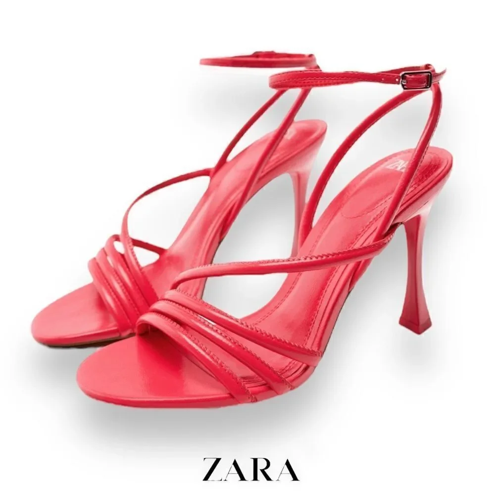 Zara Coral Red High Heeled Strap Sandals - Picture 2 of 15